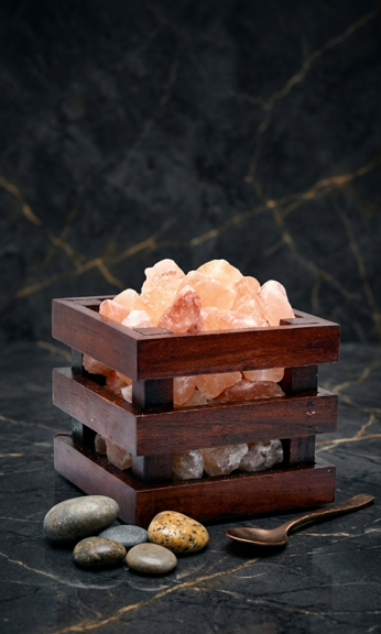 Geometric Himalayan Salt Cage Lamp | Modern Wooden Frame Night Light - Image 2